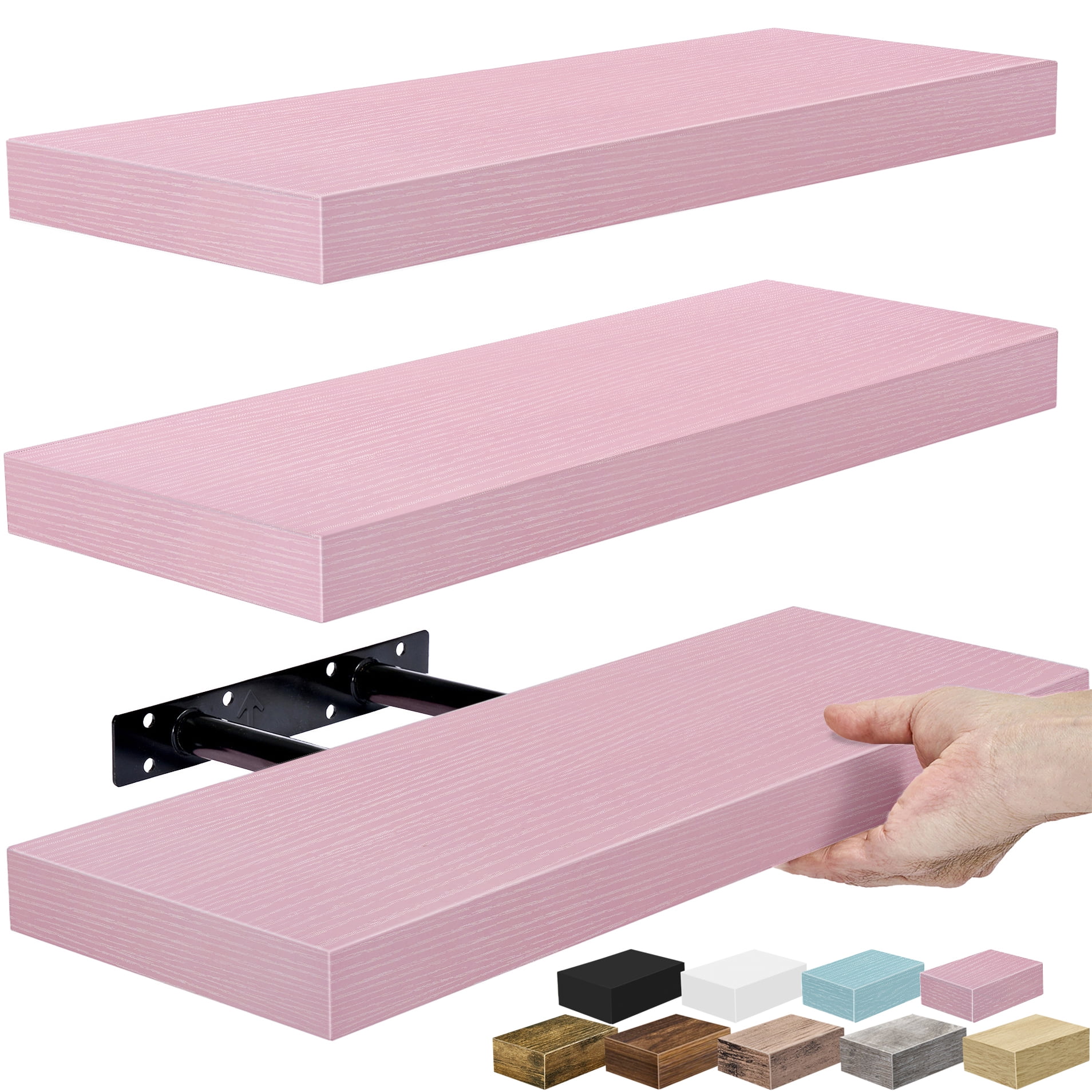 Sorbus 16.25" Floating Wall Shelves, 3 Pack, Soft Pink, Invisible Brackets, Home Decor