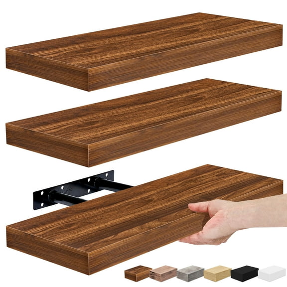 Sorbus 16.25" Walnut Rustic Floating Shelves (Set of 3)  Wall Storage for Dcor, Frames, Trophies