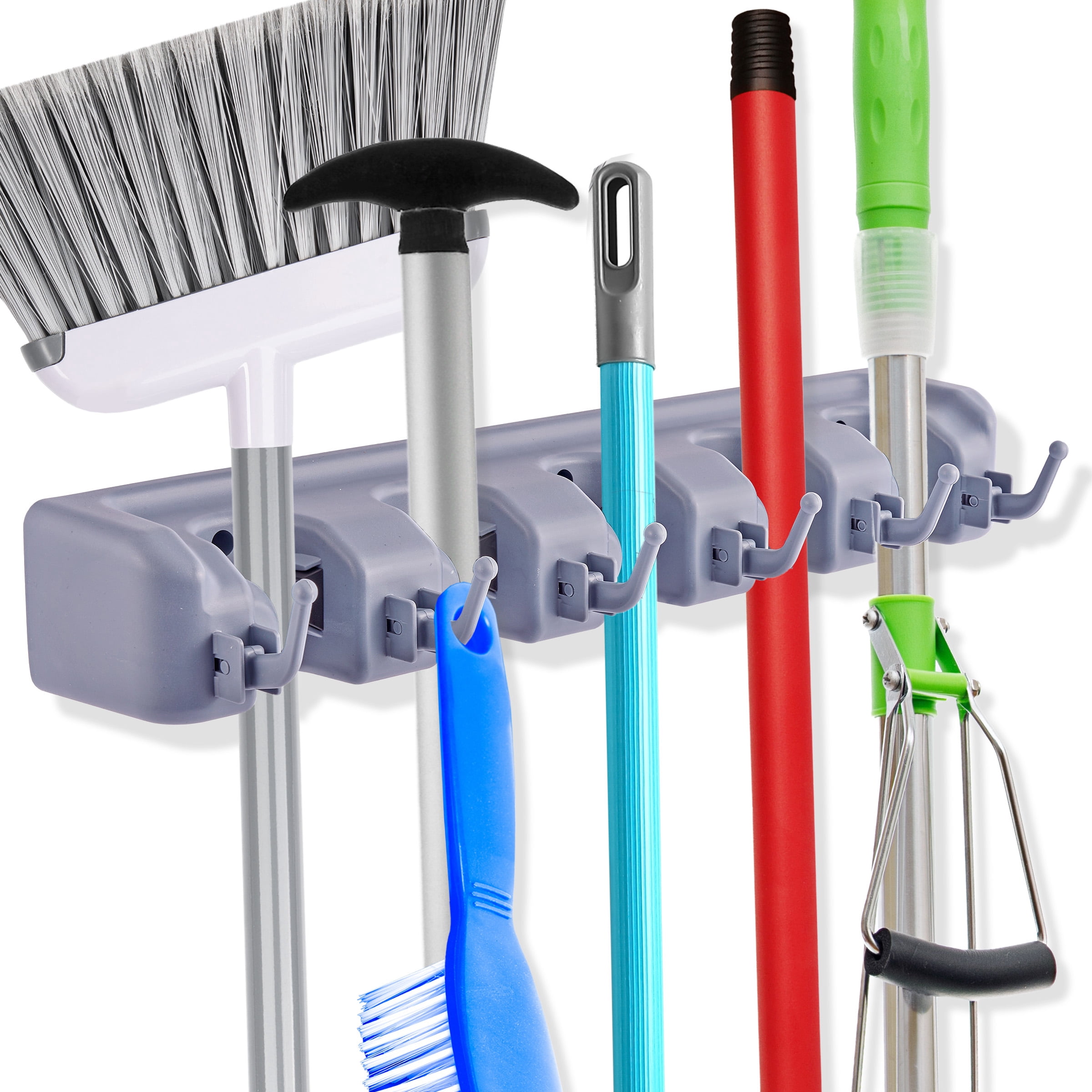 Sorbus 16" Wall-Mounted Broom & Mop Organizer, 5 Slots, 6 Hooks, Gray