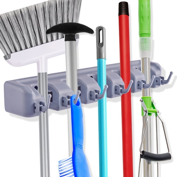 Sorbus 16" Wall-Mounted Broom & Mop Organizer, 5 Slots, 6 Hooks, Gray