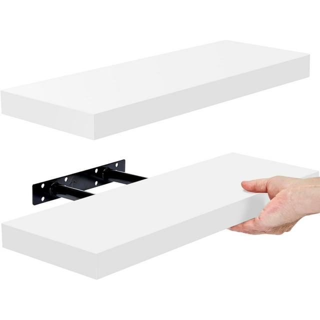 Sorbus 16" White Wood Floating Shelves (Set of 2) - Wall Storage for Decor, Frames & Trophies