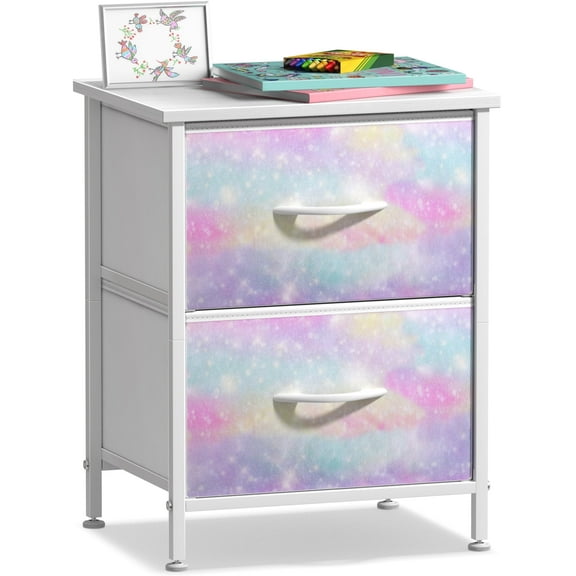 Sorbus 2 Drawer Bedside Nightstand End Table Bedroom Dresser, Pastel Colors Tie-Dye Sparkle