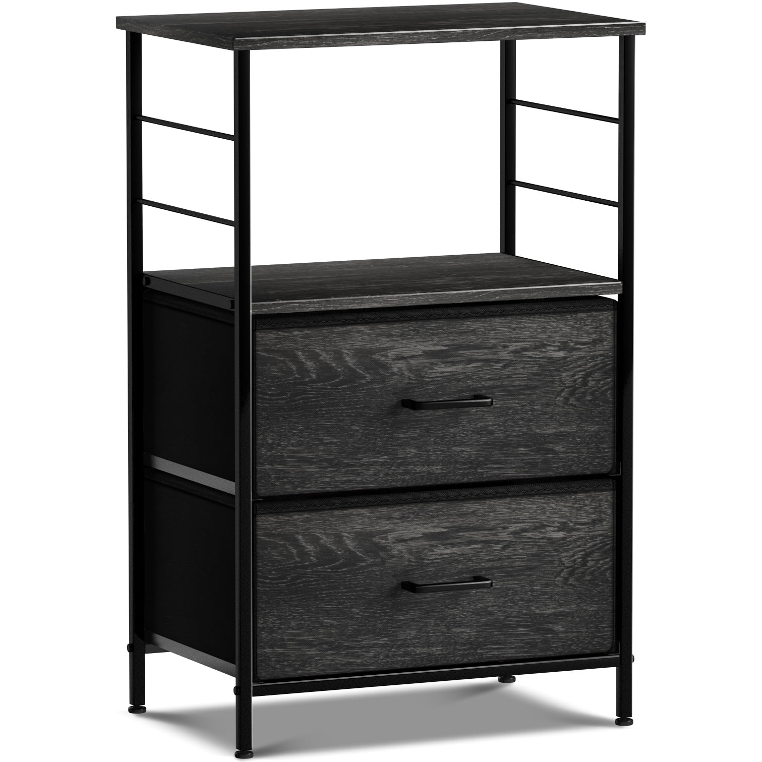 Sorbus 2-Drawer Nightstand with Fabric Drawer, Steel Frame and Open Shelf, Rustic Black