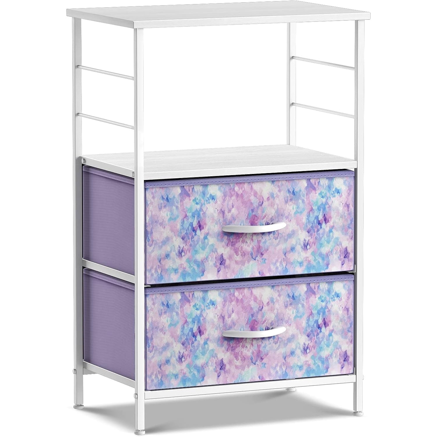 Sorbus 2-Drawer Nightstand with Fabric Drawer, Steel Frame and Open Shelf, Tie-Dye Purple