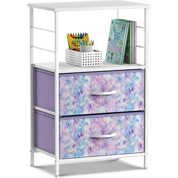 Sorbus 2 Drawer Nightstand with shelf for Bedroom, home & office - Tie-Dye Purple