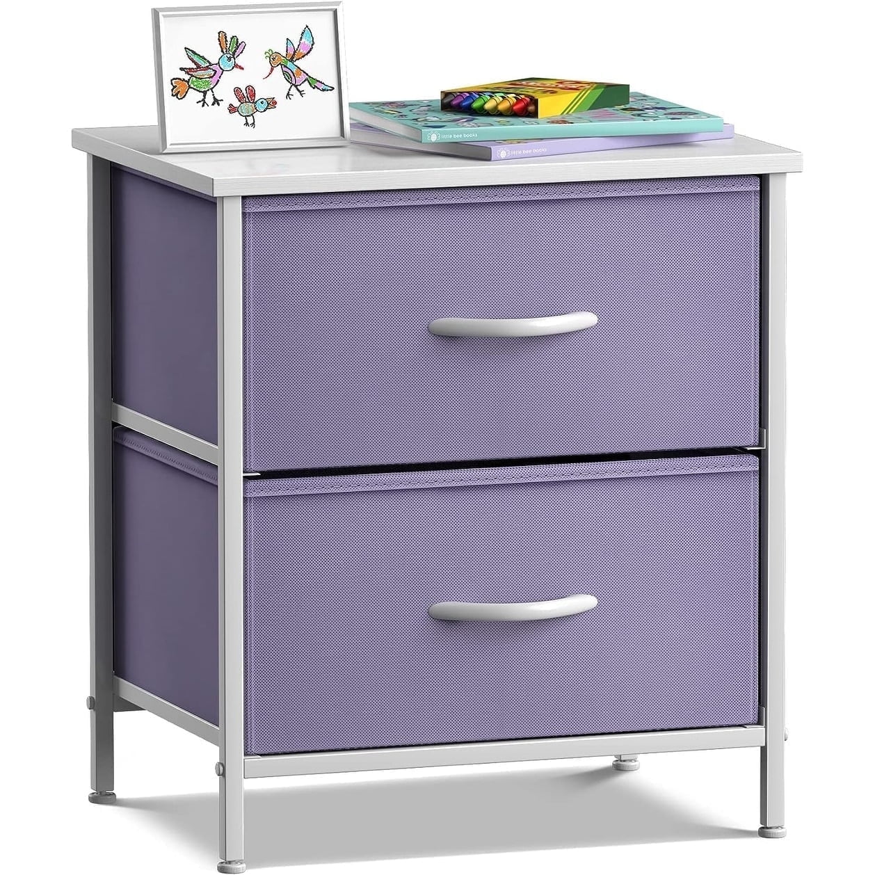Purple and White Fabric 2-Drawer Nightstand with Steel Frame