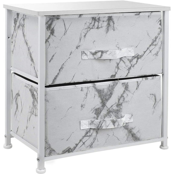 Sorbus 2 Drawers Nightstand Chest End-Table - White Frame White Marble