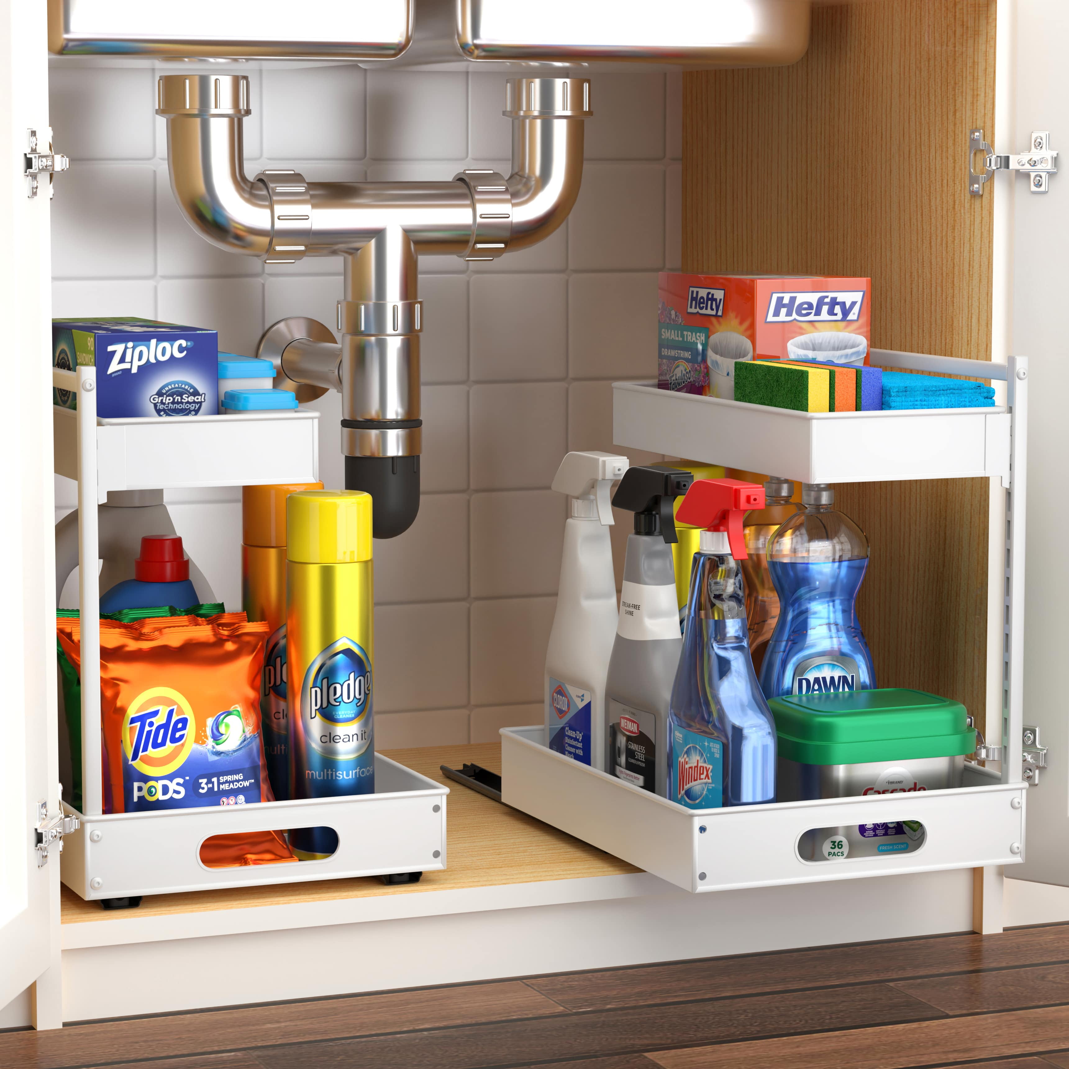 Sorbus 2-Pack 2-Tier Under Sink Organizer with Sliding Pull-Out Storage Rack, No-Drill, White
