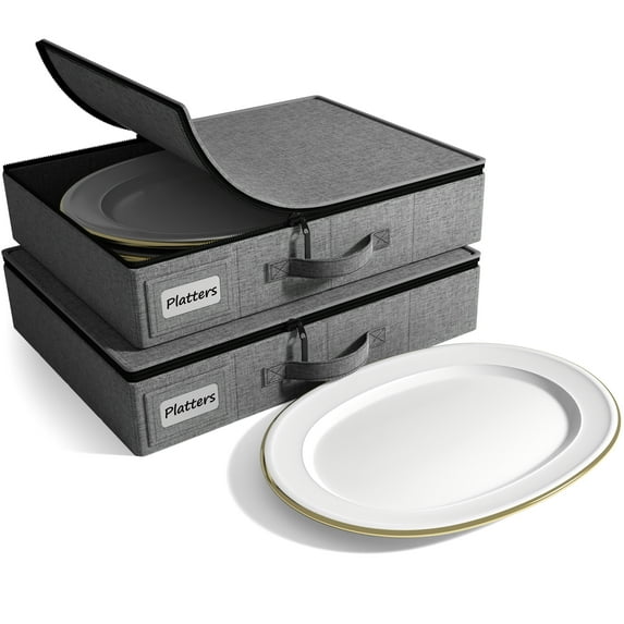 Sorbus 2 Pack China Storage Containers with Lid – Dinnerware Organizer for Platter Storage, Holds Service for 12, Felt Protectors Included, Gray