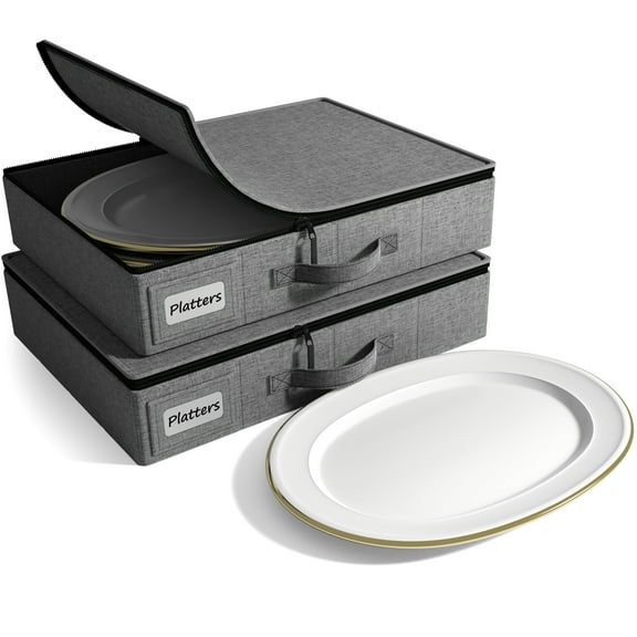 Sorbus 2 Pack China Storage Containers with Lid Dinnerware Organizer for Platter Storage, Holds Service for 12, Felt Protectors Included, Gray
