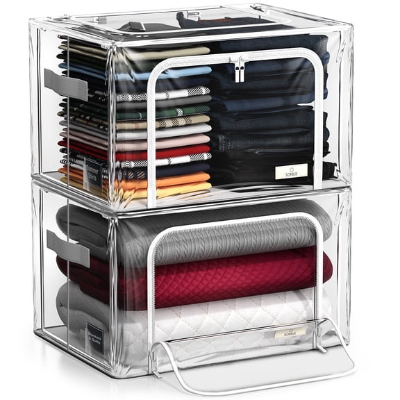 Sorbus 2-Pack Large Stackable Storage Bins, Metal Frame, Clear Collapsible Bags, Zipper