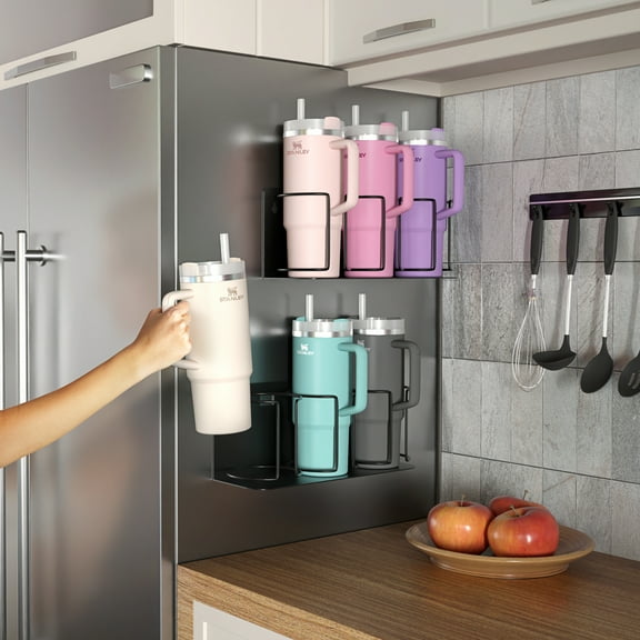 Sorbus 2 Pack Magnetic Cup Holder Rack – Holds 3 Tumblers or Water Bottles Each – Adjustable Black Organizers for Fridge, Oven, or Wall – Includes Adhesive Tape & Screws for Easy Mounting