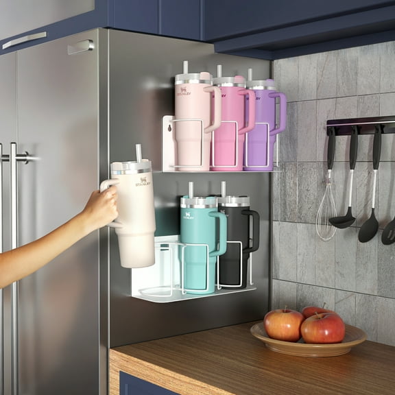 Sorbus 2 Pack Magnetic Cup Holder Rack – Holds 3 Tumblers or Water Bottles Each – Adjustable White Organizers for Fridge, Oven, or Wall – Includes Adhesive Tape & Screws for Easy Mounting