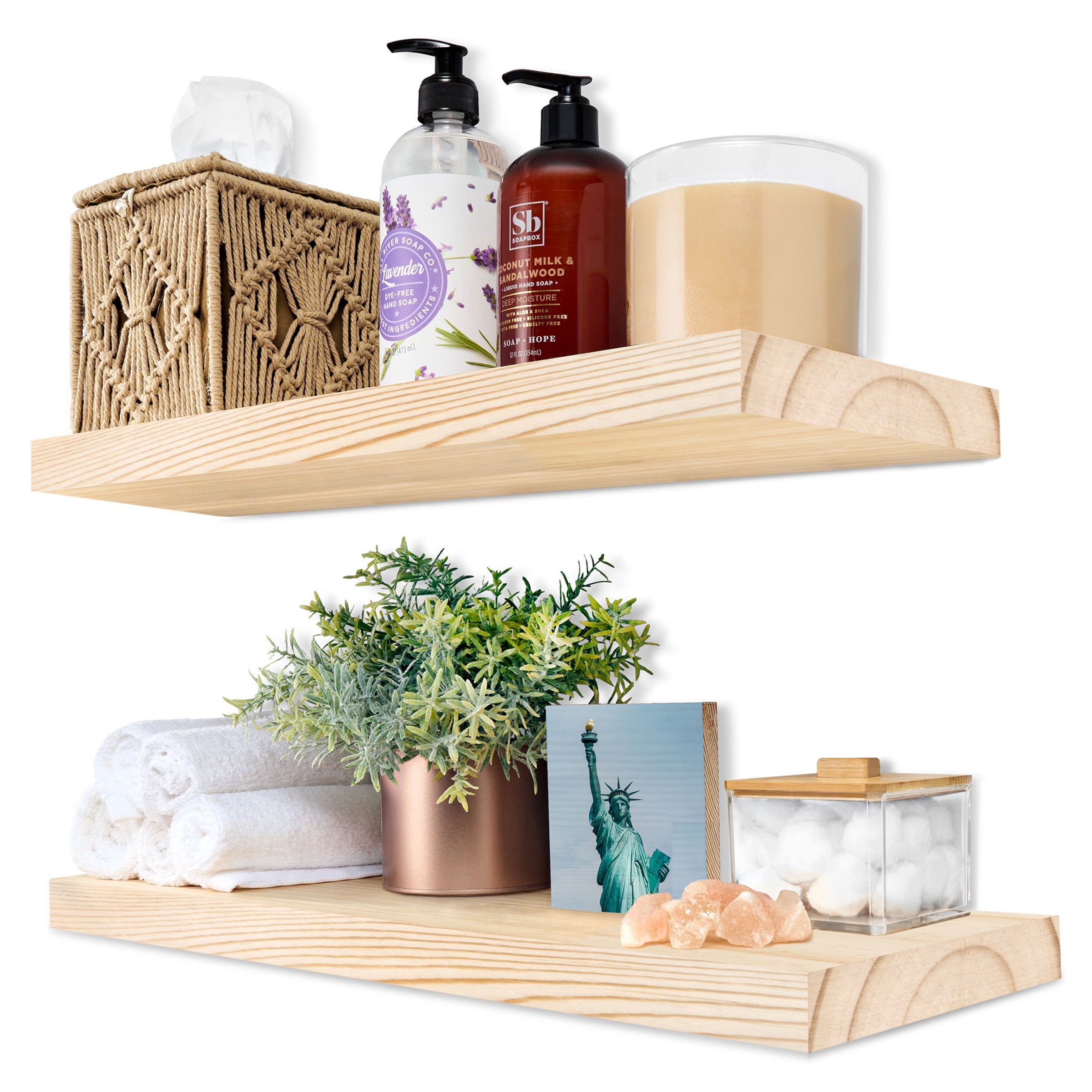 Sorbus 2-Pack Solid Wood Floating Shelves, 16 in, Natural, Wall-Mounted Storage