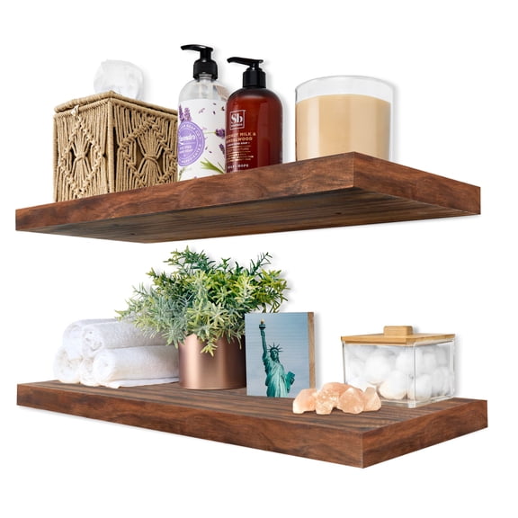 Sorbus 2-Pack Solid Wood Floating Shelves, 24 in, Brown, Wall-Mounted Storage