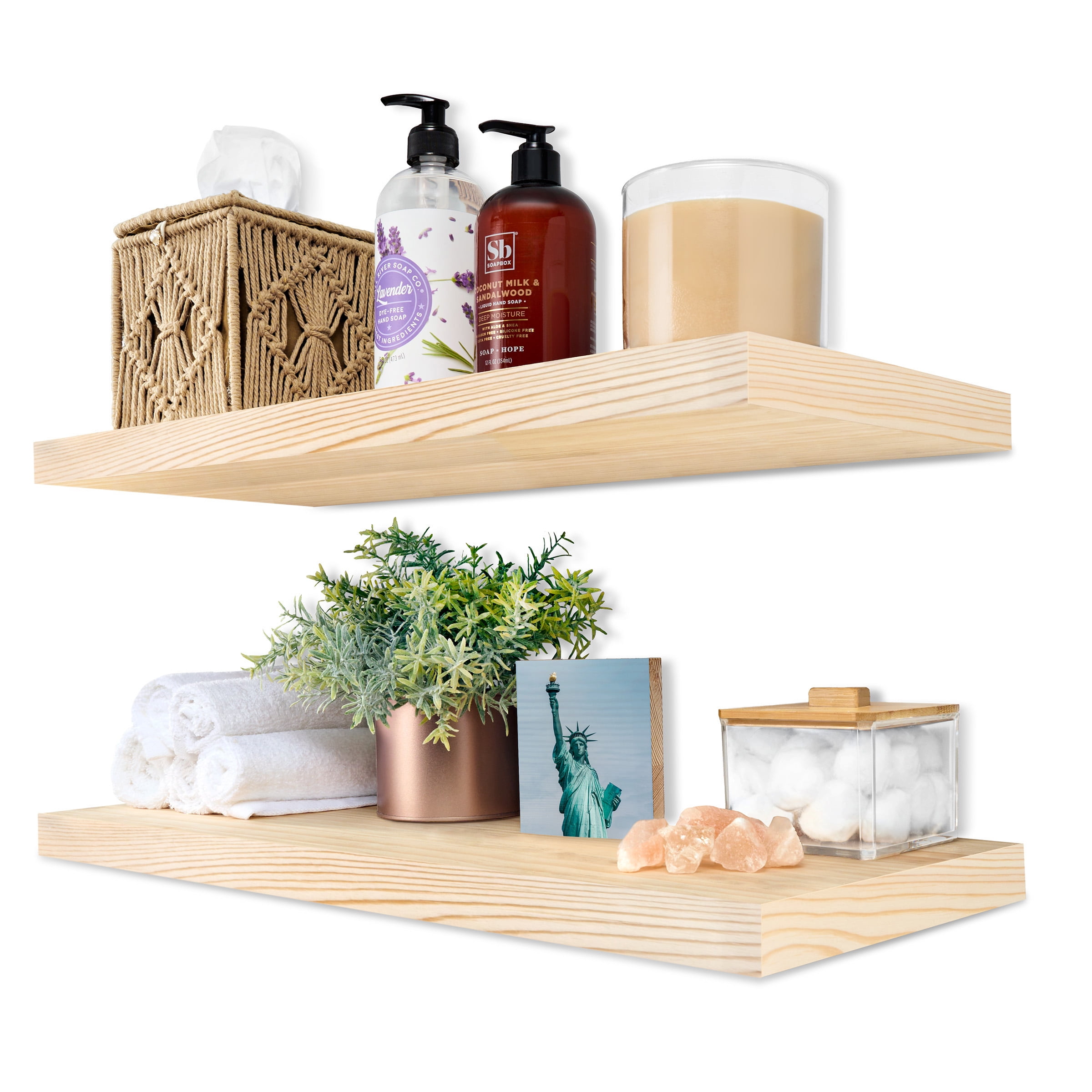 Sorbus 2-Pack Solid Wood Floating Shelves, 24 in, Natural, Wall-Mounted Storage