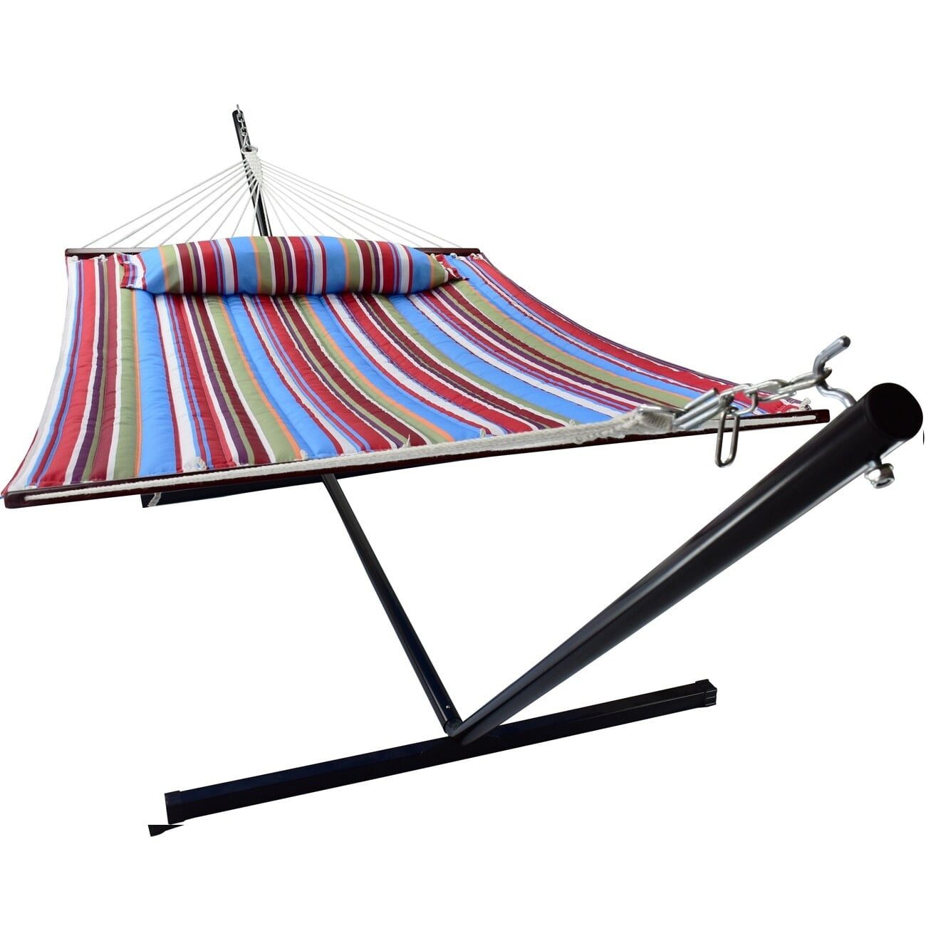 Blue and Red Quilted Fabric Hammock with Stand and Pillow