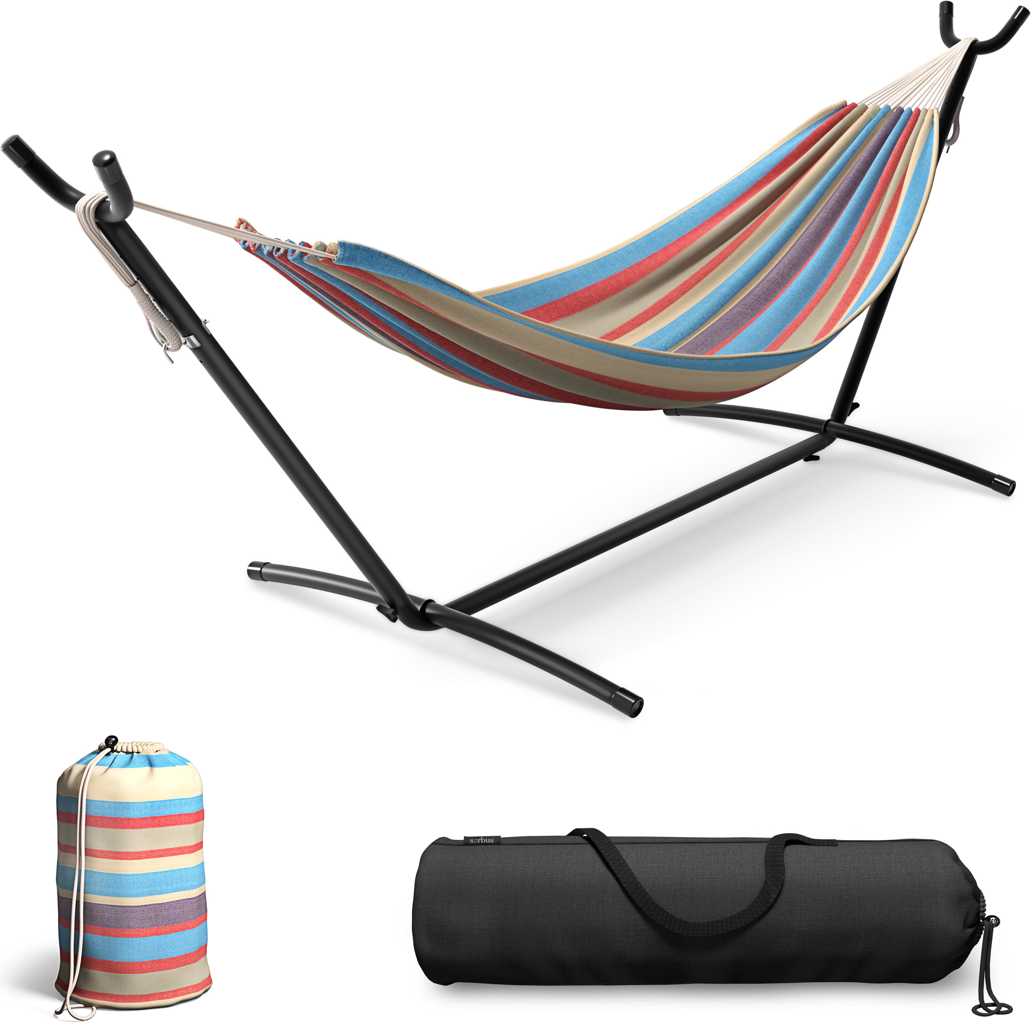 Sorbus 2-Person Hammock with Steel Stand, 60" Cotton Blend, 450lb, Portable Carry Case, Blue/Red