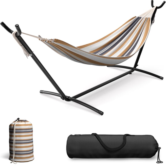 Sorbus 2-Person Hammock with Steel Stand, 60" Cotton Blend, 450lb, Portable Carry Case, Brown/Blue