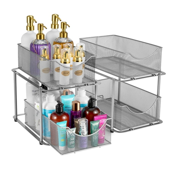 Sorbus 2 Sets of 2 Tier Metal Under Sink Organizer for Bathroom, Kitchen, Strong Steel Mesh Sliding Drawers for Under Sink, Under Cabinet, Closet, Kitchen, Pantry, Bathroom Organizers and Storage