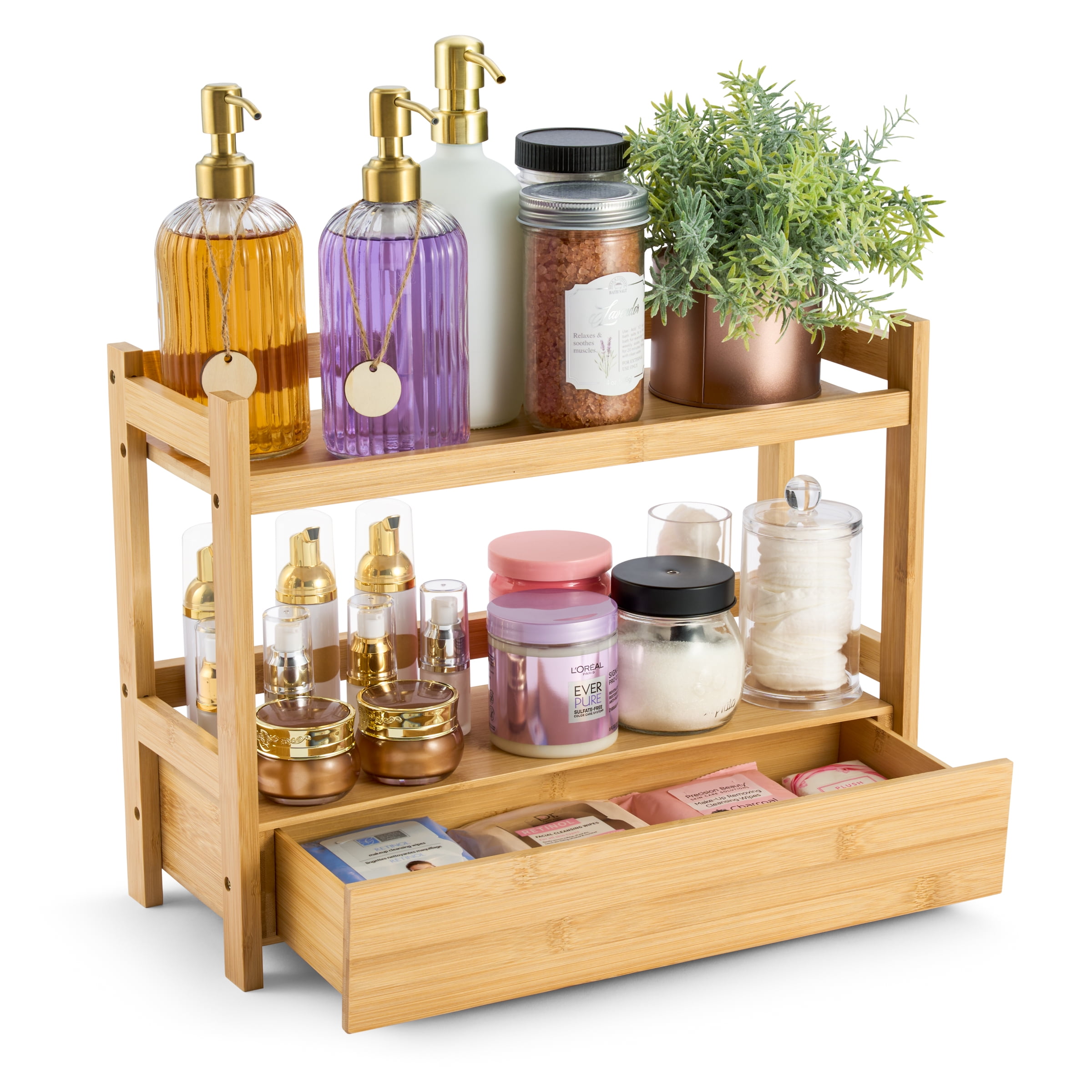 Sorbus 2-Tier 17" Bamboo Kitchen Organizer with Pull-Out Drawer, Beige