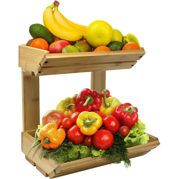 Sorbus 2-Tier Bamboo Basket Rack for Kitchen Counter, Fruit Vegetable Snack Bread Storage