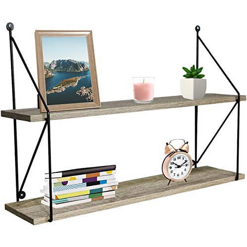 Gray Wood 2-Tier Floating Wall Shelf with Black Brackets