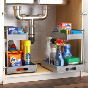 Sorbus 2-Tier Under Sink Organizer – Pull-Out Sliding Storage Rack with Adhesive Tape, No-Drill Cabinet Shelf for Kitchen & Bathroom, Silver (2 pack)