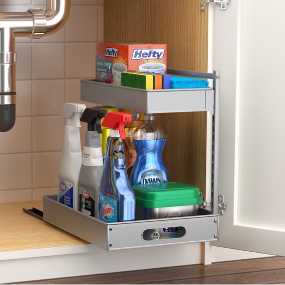 Sorbus 2-Tier Under Sink Organizer – Pull-Out Sliding Storage Rack with Adhesive Tape, No-Drill Cabinet Shelf for Kitchen & Bathroom, Silver