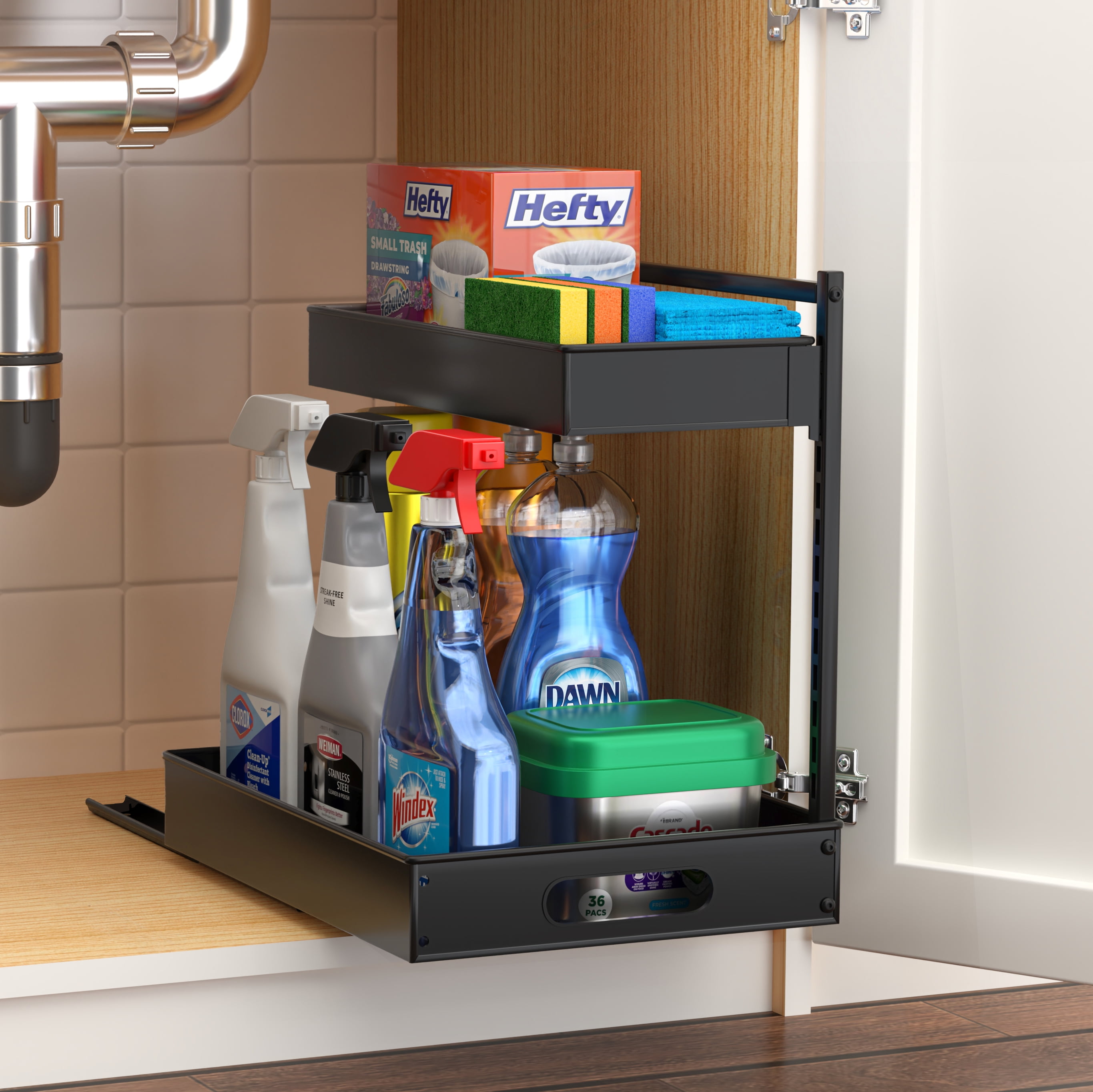 Sorbus 2-Tier Under Sink Organizer with Sliding Pull-Out Storage Rack, Adhesive Tape, No-Drill, Black