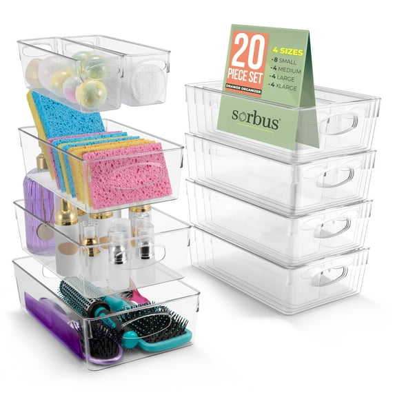 Sorbus 20 Pack Clear Plastic Storage Bins, Clear Organizer Bins with Handle for Kitchen, Pantry, Cabinet, Refrigerator, Craft, Toys, Clothes, Closet, Under Sink, Bathroom Organizers and Storage