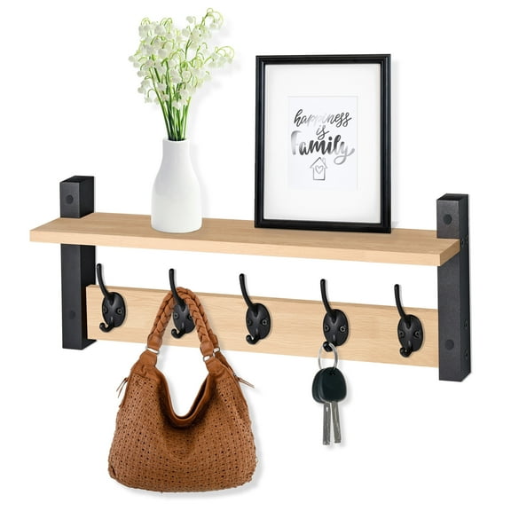 Sorbus 23.6" Maple Wood Wall Mount Coat Rack with Shelf & 5 Heavy Duty Hooks for Entryway