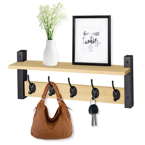 Sorbus 23.6" Maple Wood Wall Mount Coat Rack with Shelf & 5 Heavy Duty Hooks for Entryway