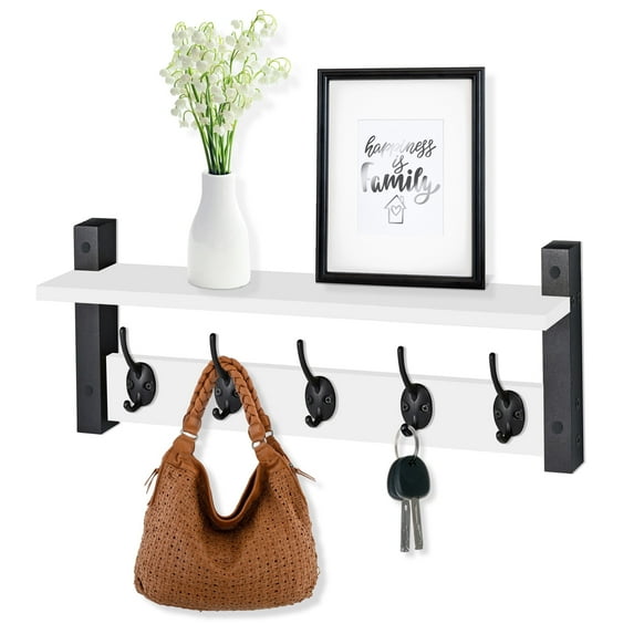 Sorbus 23.6" White Wall Mount Coat Rack with Shelf & 5 Heavy Duty Hooks for Entryway