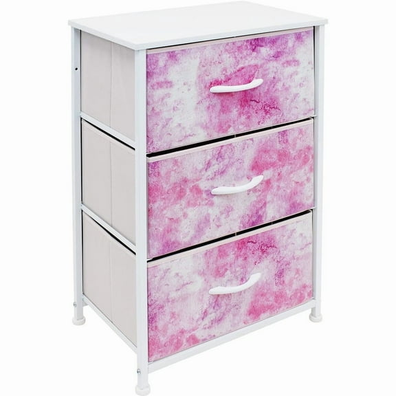 Sorbus Nightstand Storage Organizer Chest with 3 Drawers - Kids Girls, Boys Bedroom Furniture Chest for Clothes, Closet Organization - Steel Frame, Wood Top, Tie-dye Fabric Bin (3-Drawer, Pink)