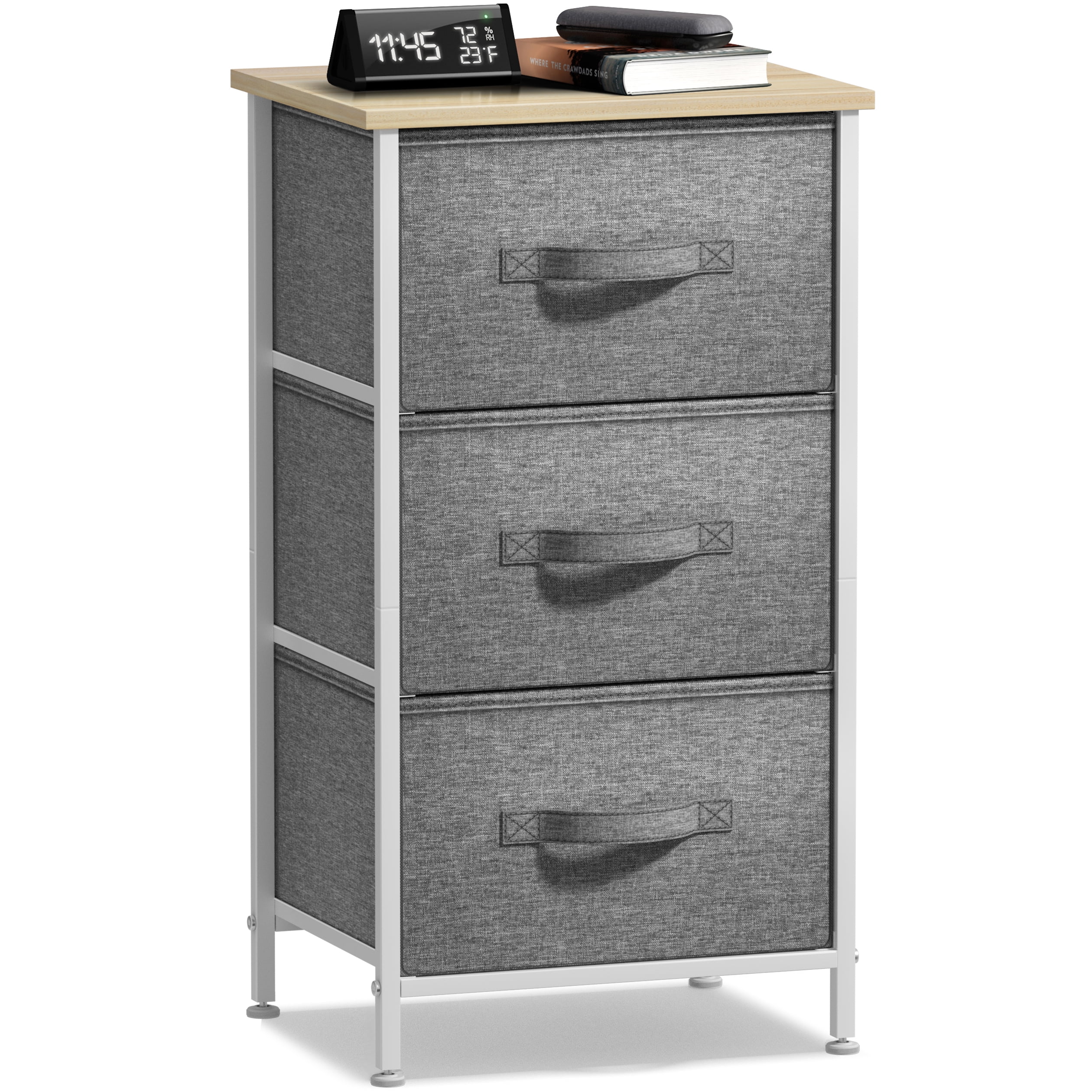 Sorbus 3-Drawer Nightstand with Steel Frame, Wood Top, Fabric Bins, Beige