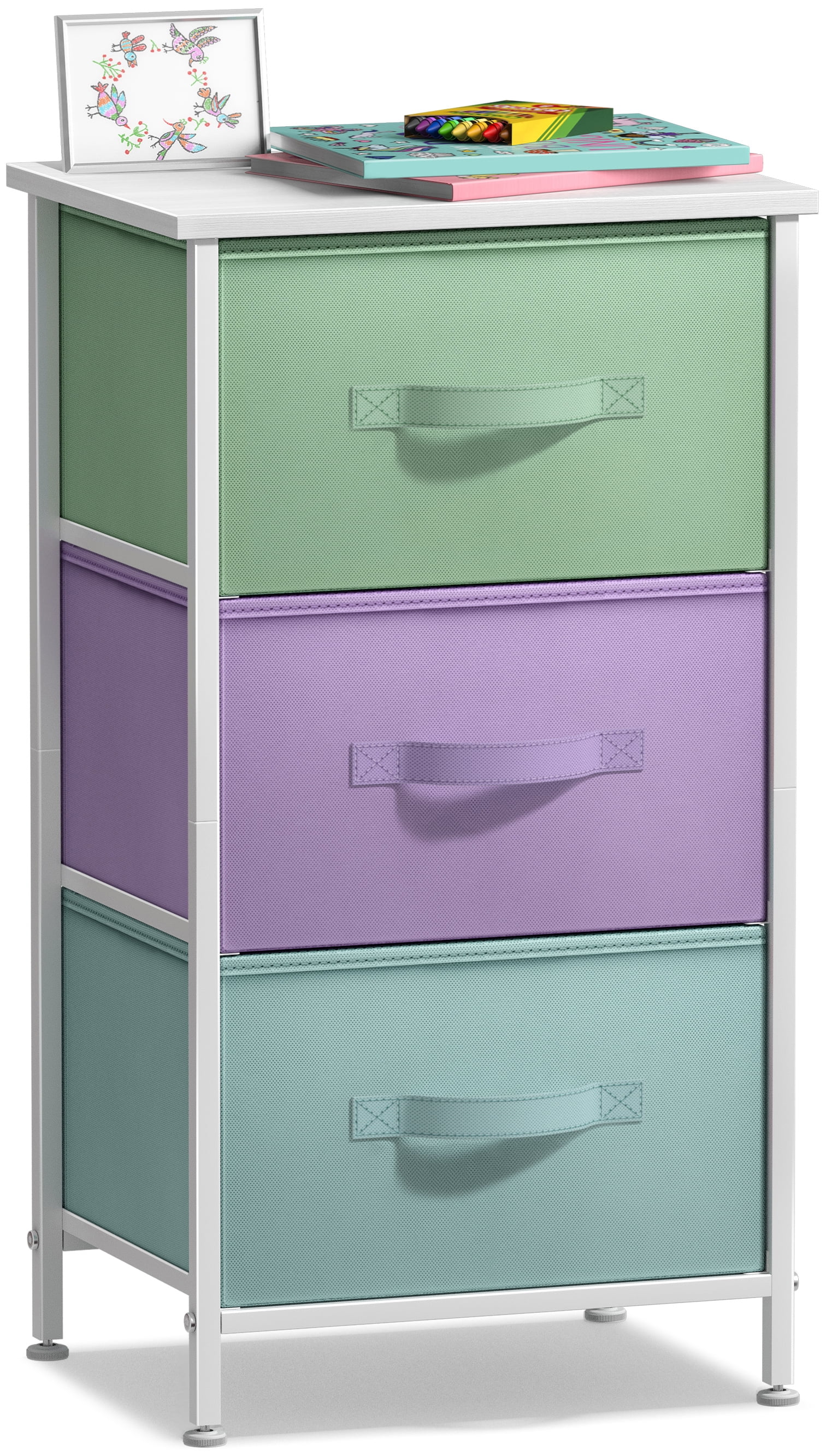 Sorbus 3-Drawer Nightstand with Steel Frame, Wood Top, Fabric Bins, Multi Pastel