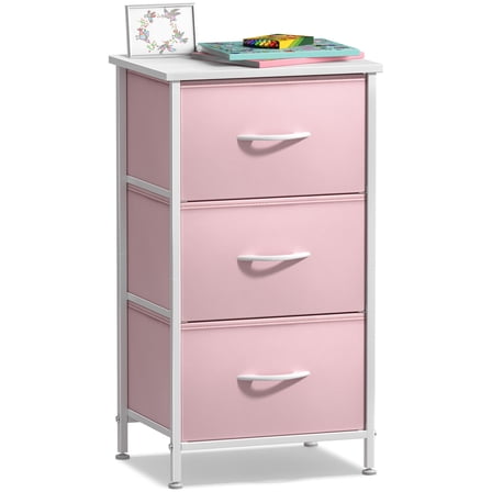 Sorbus 3-Drawer Nightstand with Steel Frame, Wood Top, Fabric Bins, Pink