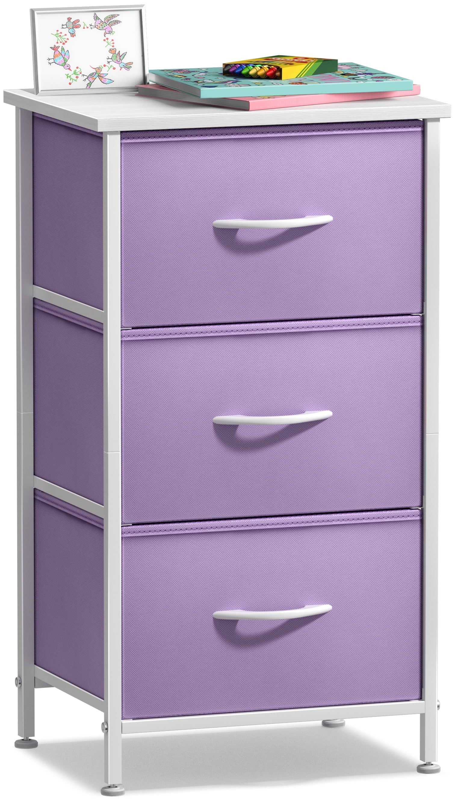 Sorbus 3-Drawer Nightstand with Steel Frame, Wood Top, Fabric Bins, Purple