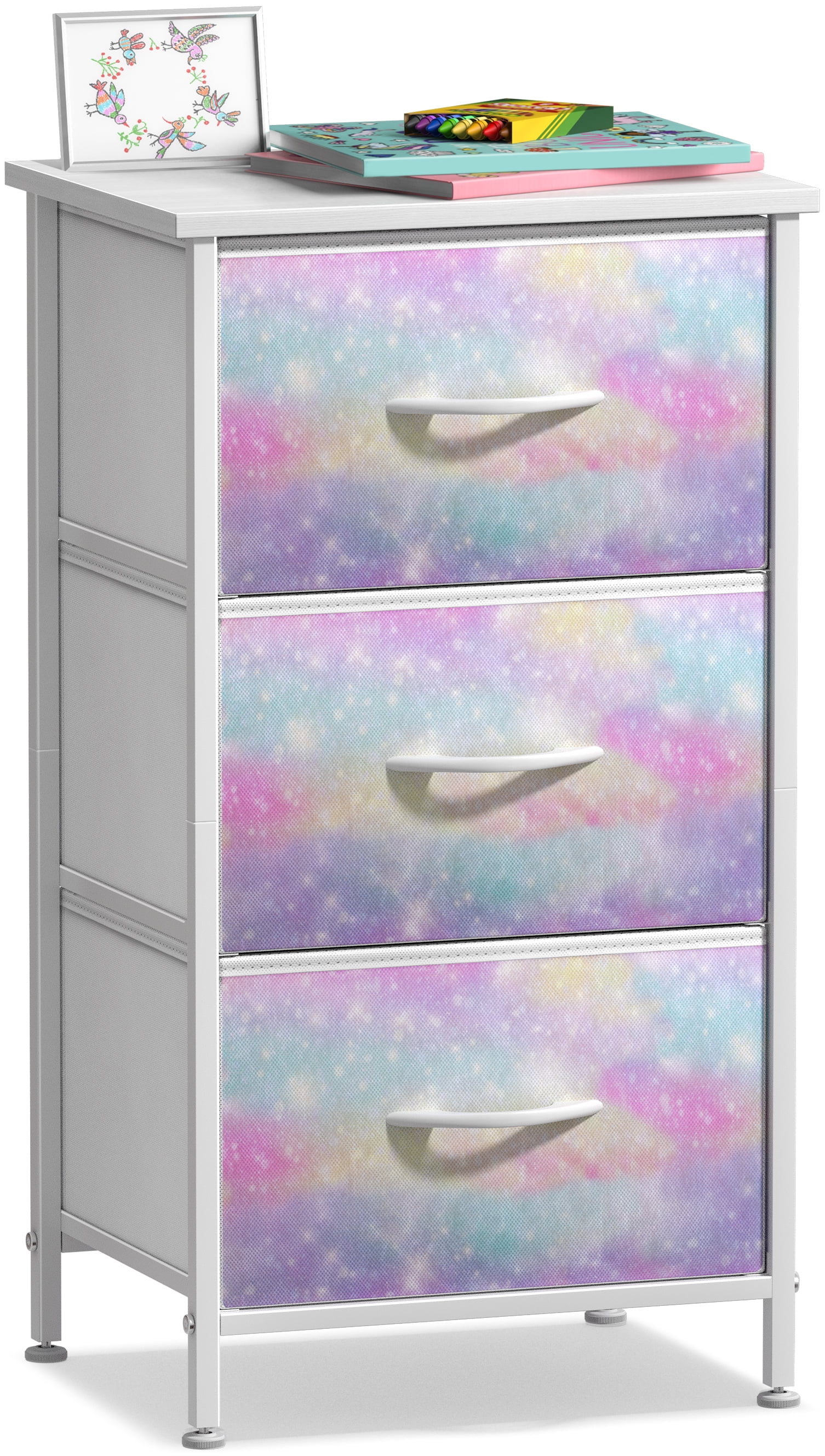 Sorbus 3-Drawer Nightstand with Steel Frame, Wood Top, Fabric Bins, Rainbow Sparkle