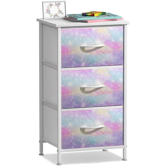 Sorbus 3-Drawer Nightstand with Steel Frame, Wood Top, Fabric Bins, Rainbow Sparkle