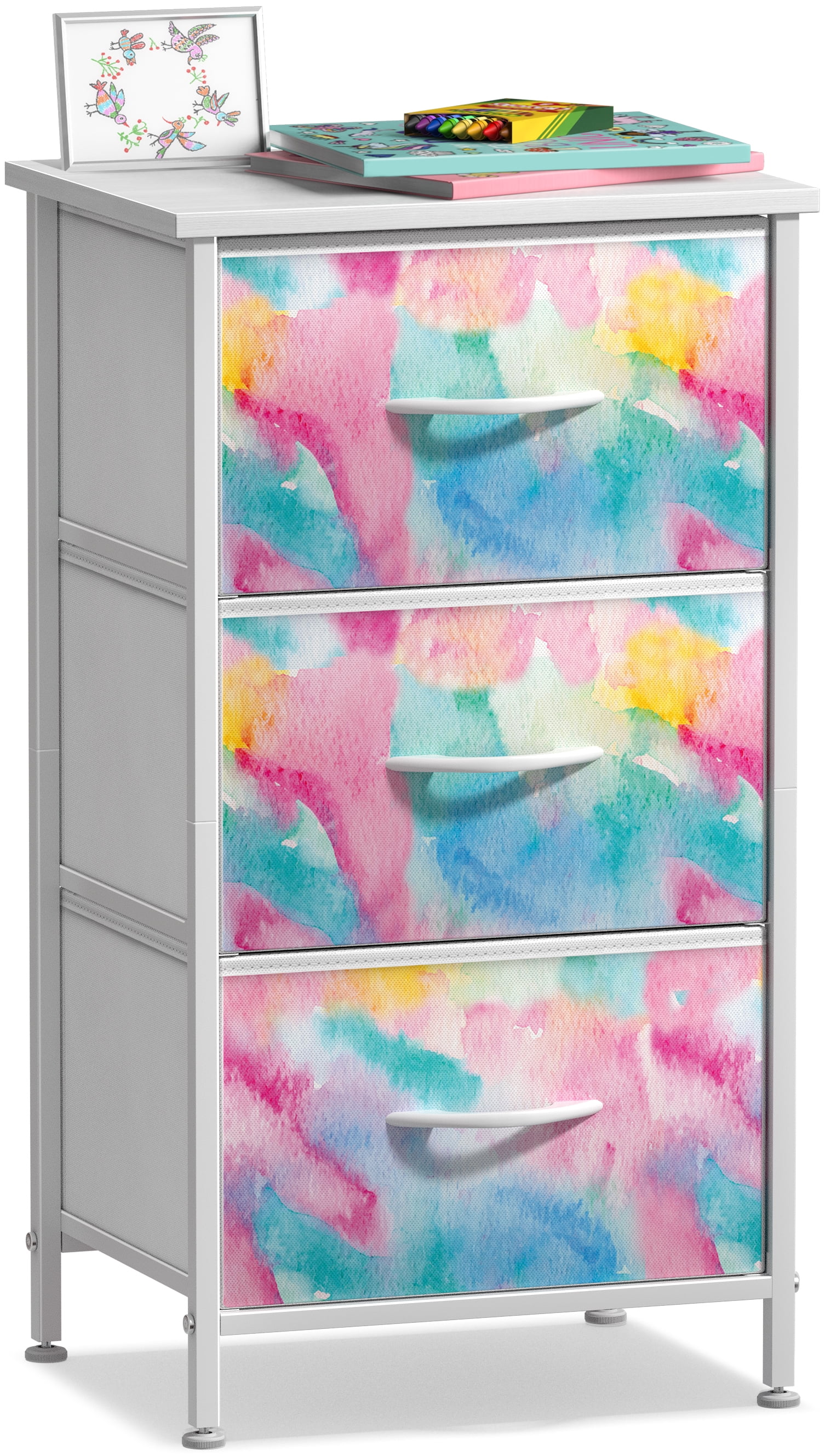 Sorbus 3-Drawer Nightstand with Steel Frame, Wood Top, Fabric Bins, Watercolor