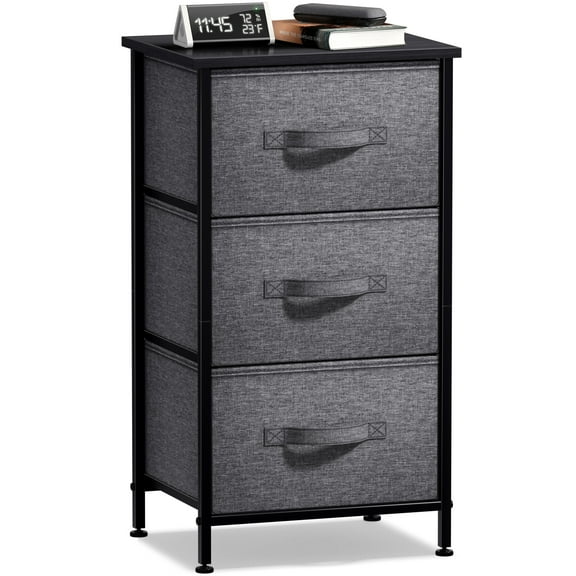 Sorbus 3 Drawers Nightstand Chest Dresser - Metal Frame, Fabric Bins Wood Top - Black