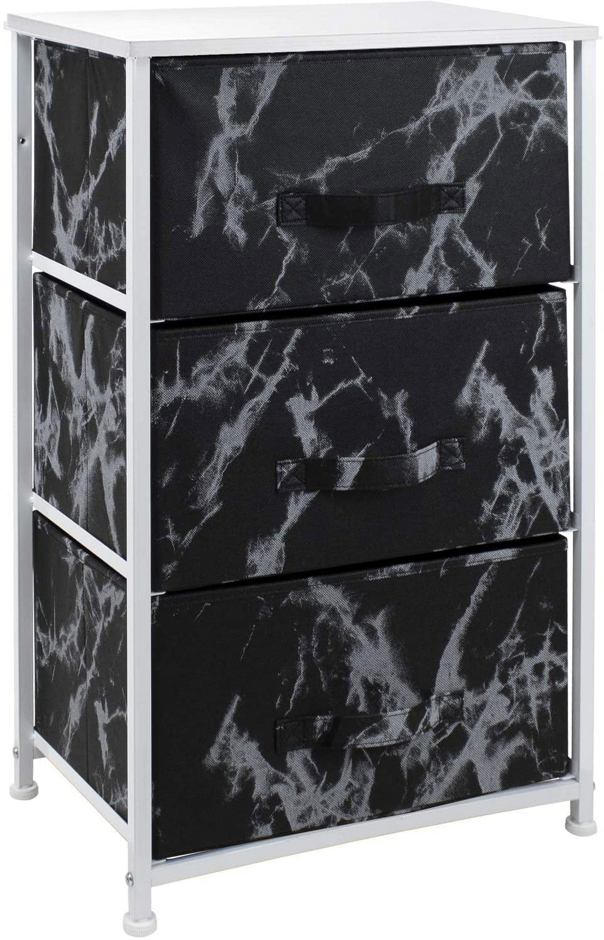 White Frame Black Marble 3-Drawer Nightstand with Fabric Bins