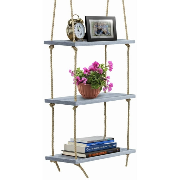 Sorbus 3 Hanging Floating Shelves Length 16.5-inch Rustic Wood Rope Floating Shelf Set - Grey