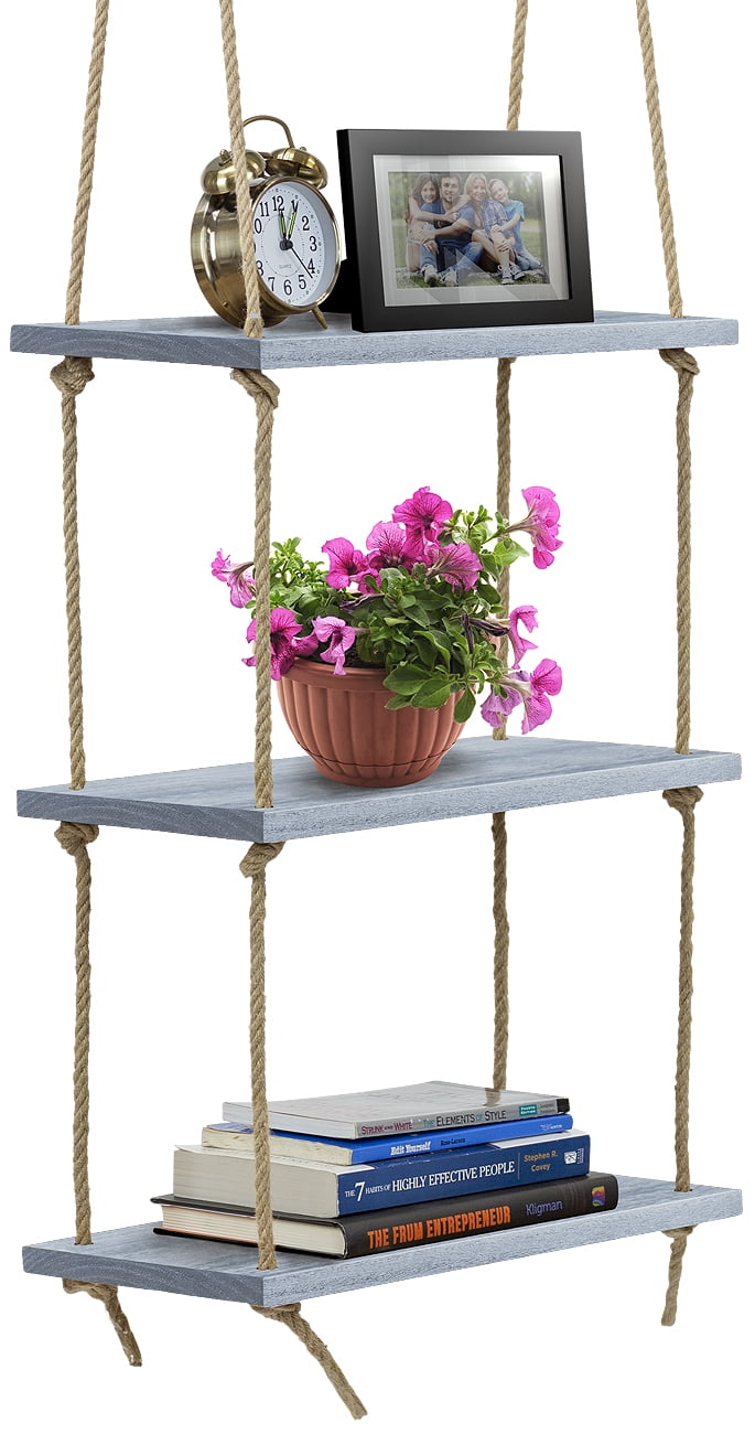 LIANTRAL Hanging Shelves 3 Tier Tiered Wood Shelves Rack Rope Shelf