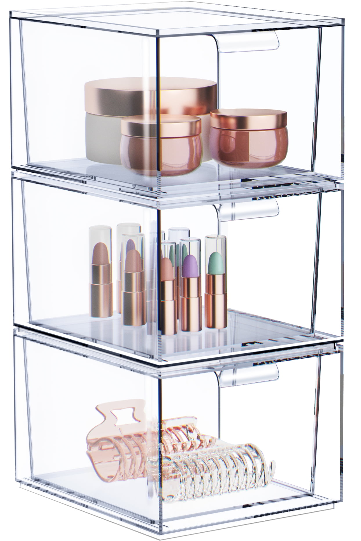 Sorbus 3-Pack Clear Acrylic Makeup Organizer – Stackable Plastic Drawer Storage Bins for Vanity, Bathroom, and Cosmetic Organization