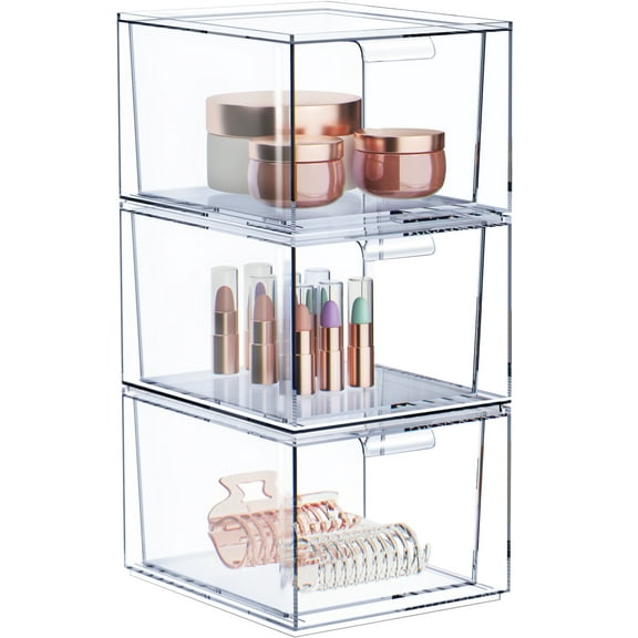 Sorbus 3-Pack Clear Acrylic Makeup Organizer – Stackable Plastic Drawer Storage Bins for Vanity, Bathroom, and Cosmetic Organization