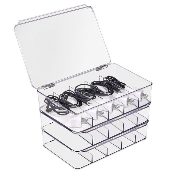 Sorbus 3-Pack Clear Cable Organizer Boxes with Lid, 5 Compartments for Cords & Accessories