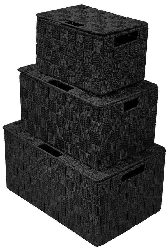 3 Piece Basket Storage Organization Set - Weave Fabric Bins, Black